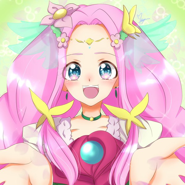 Anime picture 1800x1800 with precure mahou girls precure! toei animation hanami kotoha cure felice muni (pixiv 6606776) single long hair looking at viewer blush highres open mouth twintails signed pink hair upper body :d aqua eyes teeth outstretched hand