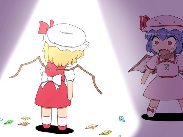 Anime picture 1024x768 with touhou flandre scarlet remilia scarlet shirosato short hair open mouth blonde hair simple background red eyes standing multiple girls blue hair from behind fang (fangs) sweat sweatdrop chibi bat wings surprised no pupils