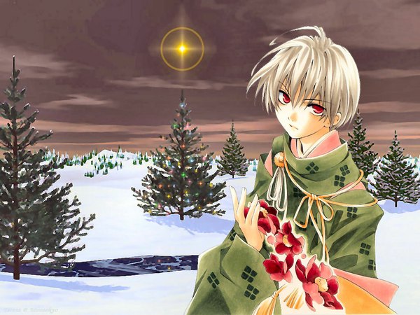 Anime picture 1024x768 with tactics ichinomiya kantarou red eyes japanese clothes winter snow