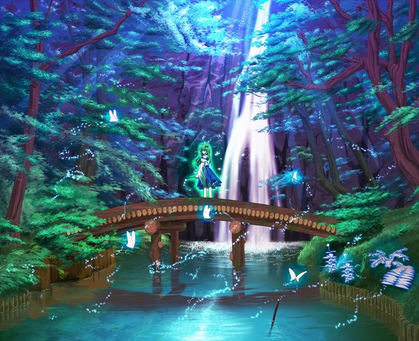 Anime picture 1500x1222 with touhou kochiya sanae masa07240 single long hair green hair river hair over eyes waterfall girl hair ornament plant (plants) detached sleeves tree (trees) water insect butterfly bridge