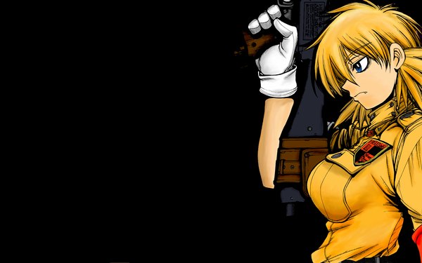 Anime picture 1680x1050 with hellsing seras victoria single blue eyes simple background blonde hair wide image black background girl gloves uniform weapon military uniform