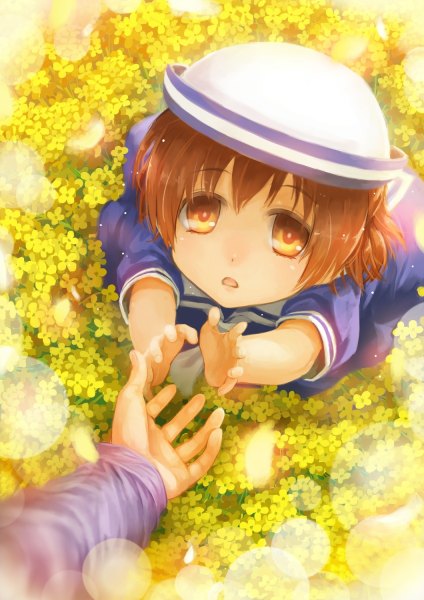 Anime picture 848x1200 with clannad key (studio) okazaki ushio lif (lif-ppp) tall image short hair open mouth brown hair orange eyes looking up girl flower (flowers) hat petals sailor suit child (children) hand