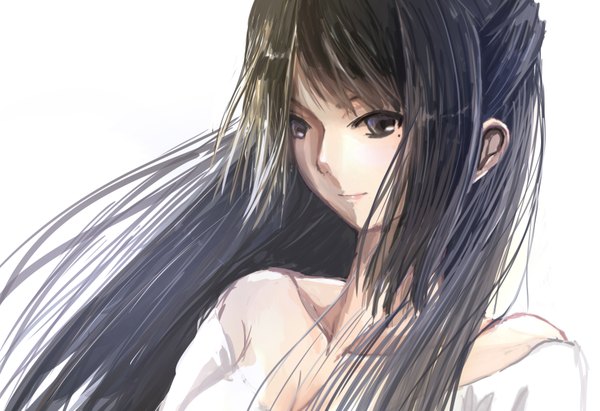 Anime picture 1769x1212 with original kikivi single long hair highres black hair simple background white background looking away light smile black eyes girl