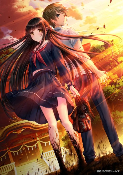 Anime picture 706x1000 with original kazuharu kina long hair tall image blush short hair blue eyes black hair brown hair brown eyes wind evening sunset girl boy skirt uniform serafuku