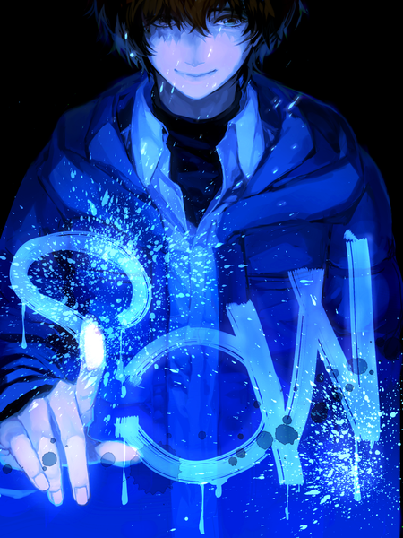 Anime picture 1050x1400 with psycho-pass production i.g kamui kirito g.g.lemon single tall image looking at viewer short hair black hair simple background smile brown eyes inscription open clothes open jacket black background dark background open collar jacket