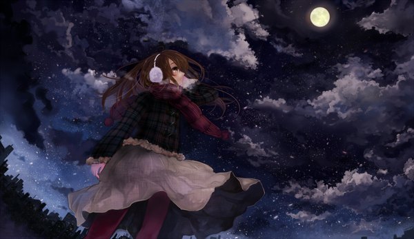 Anime picture 2000x1157 with original pisuke single long hair highres brown hair wide image brown eyes sky cloud (clouds) night city looking up scenic girl headphones scarf moon star (stars) full moon