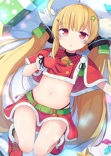 Anime picture 1072x1500 with azur lane eldridge (azur lane) eldridge (holy night's embrace) (azur lane) okota mikan single long hair tall image fringe light erotic blonde hair red eyes ahoge lying bare belly on back alternate costume christmas girl skirt gloves