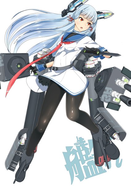 Anime picture 1200x1694 with kantai collection murakumo destroyer einz zwei single long hair tall image blush fringe open mouth simple background white background blue hair looking away bent knee (knees) head tilt inscription orange eyes tress ribbon girl gloves