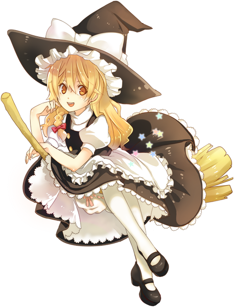 Anime picture 1462x1917 with touhou kirisame marisa yunomachi single long hair tall image blush open mouth blonde hair yellow eyes single braid transparent background flying witch girl thighhighs white thighhighs star (symbol) witch hat broom