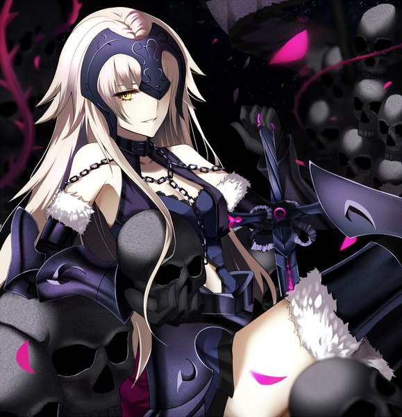 Anime picture 1820x1885 with fate (series) fate/grand order jeanne d'arc (fate) (all) jeanne d'arc alter (fate) jeanne d'arc alter (avenger) (third ascension) (fate) shiguru single long hair tall image looking at viewer highres holding yellow eyes silver hair bent knee (knees) light smile depth of field fur trim pale skin center opening
