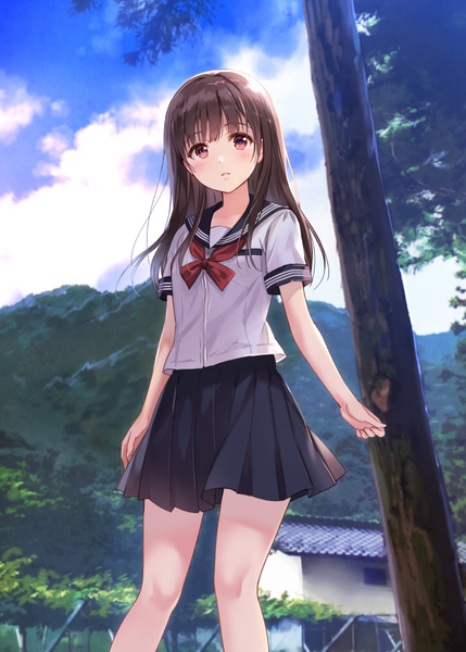 Anime picture 715x1000 with original fukahire (ruinon) single long hair tall image black hair sky cloud (clouds) pink eyes girl skirt uniform plant (plants) tree (trees) serafuku