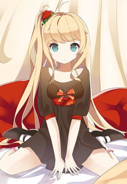 Anime picture 722x1043 with sword girls salt (salty) single long hair tall image looking at viewer blue eyes blonde hair sitting wariza girl dress hair ornament