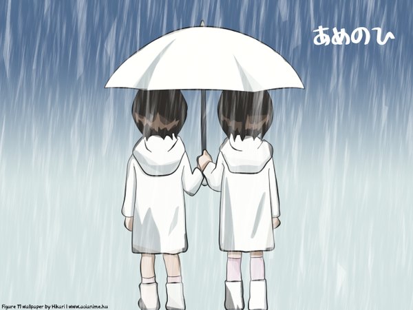 Anime picture 1280x960 with figure 17 shiina tsubasa shiina hikaru short hair brown hair wallpaper rain shared umbrella boots umbrella coat