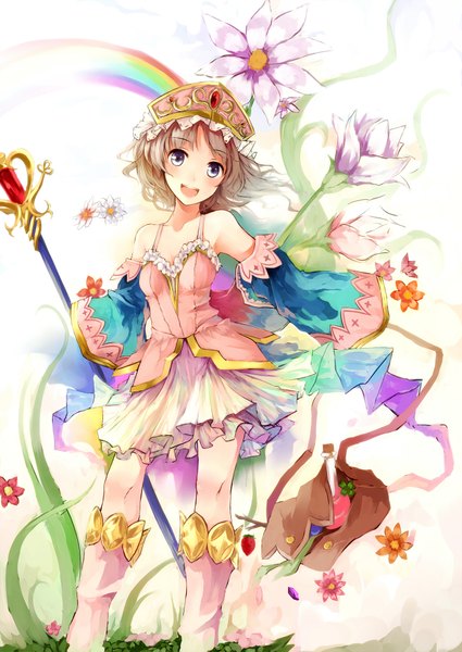 Anime picture 1433x2023 with atelier (series) gust (company) totooria helmold nanahara fuyuki single tall image blush short hair open mouth blue eyes brown hair bare shoulders long sleeves girl flower (flowers) detached sleeves boots bag staff rainbow