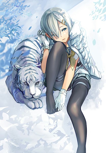 Anime picture 600x860 with kantai collection hamakaze destroyer fujita (condor) single tall image fringe short hair blue eyes sitting looking away silver hair hair over one eye depth of field no shoes adjusting hair girl skirt gloves hair ornament miniskirt