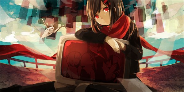 Anime picture 2000x1000 with kagerou project shaft (studio) tateyama ayano lemontea single long hair highres red eyes brown hair wide image crying girl hair ornament hairclip scarf