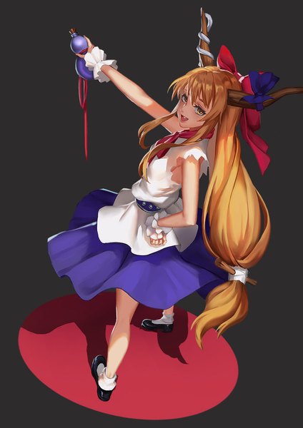 Anime picture 700x990 with touhou ibuki suika ttk (kirinottk) single tall image looking at viewer open mouth simple background brown hair yellow eyes very long hair horn (horns) dark background girl dress bow hair bow gourd