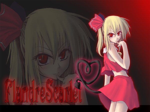 Anime picture 1200x900 with touhou flandre scarlet looking at viewer blush short hair blonde hair red eyes bare shoulders tail light smile inscription wallpaper zoom layer girl skirt bow hair bow skirt set
