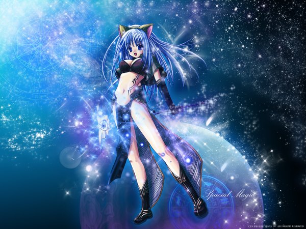 Anime picture 1600x1200 with ragnarok online long hair open mouth blue eyes animal ears cat ears magic girl navel star (stars)