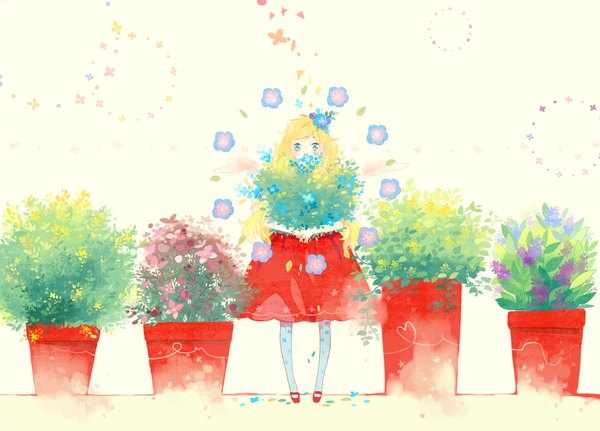Anime picture 2000x1438 with original kyang692 single long hair looking at viewer highres blue eyes blonde hair standing very long hair hair flower wavy hair heart of string abstract girl skirt hair ornament flower (flowers) plant (plants) shoes
