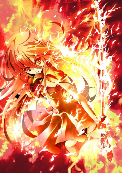 Anime picture 1240x1754 with shakugan no shana j.c. staff shana kisaichi jin single long hair tall image yellow eyes red hair girl weapon sword katana flame