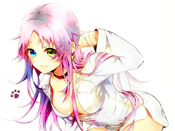 Anime picture 1024x768 with k-project gohands (studio) neko (k project) mmm-suke single long hair breasts light erotic simple background white background pink hair open clothes open shirt heterochromia girl shirt white shirt bell