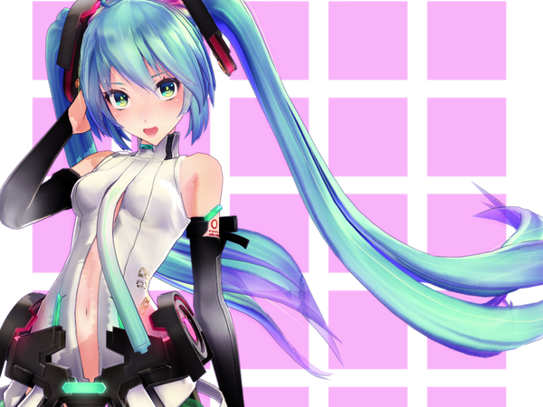 Anime picture 1024x768 with vocaloid vocaloid append hatsune miku hatsune miku (append) lente single long hair looking at viewer blush open mouth twintails bare shoulders aqua hair tattoo glowing multicolored eyes girl navel hair ornament necktie