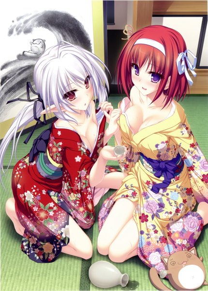 Anime picture 4686x6541 with tenmaso long hair tall image blush highres short hair open mouth light erotic red eyes purple eyes multiple girls absurdres white hair red hair traditional clothes japanese clothes pointy ears scan official art girl