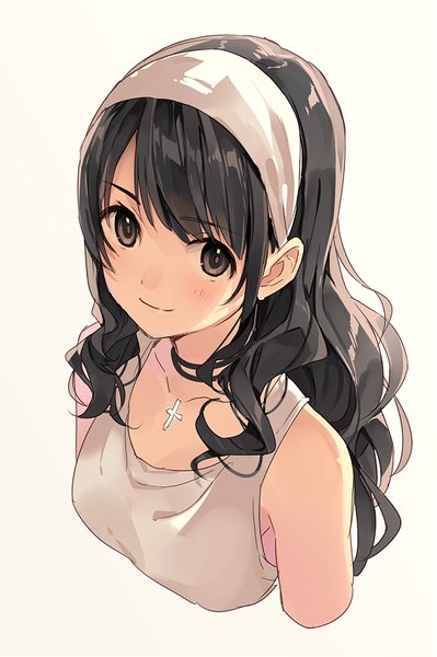 Anime picture 540x811 with original natsu natsuna single long hair tall image looking at viewer blush simple background smile brown hair brown eyes upper body girl choker hairband cross blouse cross necklace