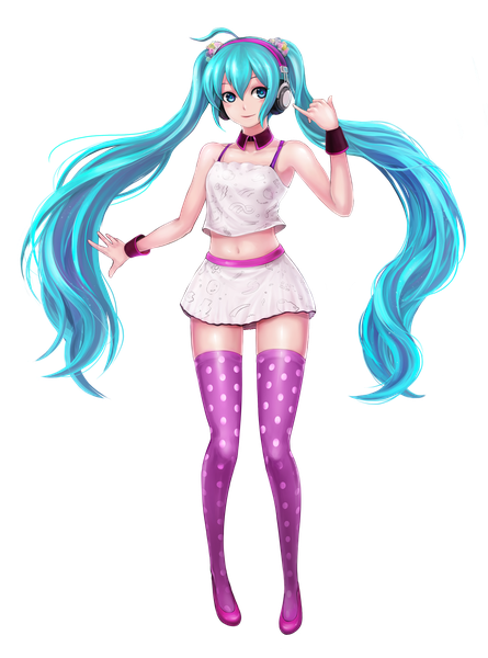 Anime picture 1399x1885 with vocaloid redial (vocaloid) hatsune miku mappung-gun (mhg0106) single tall image blush blue eyes twintails blue hair looking away full body very long hair light smile bare belly transparent background polka dot girl thighhighs skirt