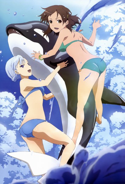 Anime picture 4069x5947 with rinne no lagrange production i.g nyantype fin e ld si laffinty kyouno madoka tall image highres short hair open mouth black hair purple eyes multiple girls brown eyes blue hair absurdres sky cloud (clouds) official art back girl