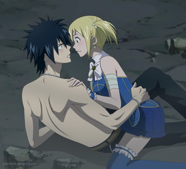 Anime picture 1280x1169 with fairy tail lucy heartfilia gray fullbuster milady666 blush short hair black hair twintails black eyes couple reclining girl thighhighs boy skirt bow earrings chain bandage (bandages)