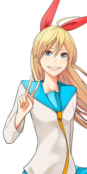 Anime picture 1000x1980 with nisekoi shaft (studio) kirisaki chitoge rane (etsu) single long hair tall image looking at viewer blue eyes blonde hair simple background smile white background ahoge ponytail victory girl uniform ribbon (ribbons) hair ribbon