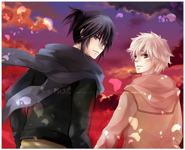 Anime picture 1076x873 with no.6 studio bones nezumi (no.6) shion (no.6) mrsloth (artist) short hair black hair brown eyes sky cloud (clouds) white hair looking back grey hair back facial mark holding hands border evening sunset scenic