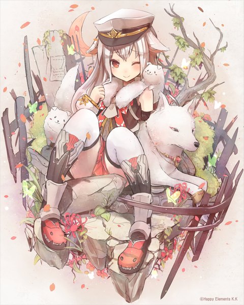 Anime picture 1200x1500 with original nanashina (artist) single long hair tall image looking at viewer blush smile red eyes sitting animal ears one eye closed wink girl thighhighs flower (flowers) plant (plants) animal petals white thighhighs