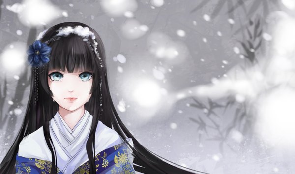 Anime picture 1300x768 with humonster single long hair looking at viewer fringe black hair wide image very long hair traditional clothes japanese clothes hair flower aqua eyes light smile grey background tears snowing winter snow girl hair ornament