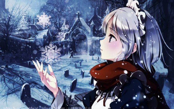 Anime picture 2560x1600 with touhou izayoi sakuya ke-ta single long hair blush highres blue eyes silver hair profile maid snowing winter bare tree girl dress plant (plants) tree (trees) headdress scarf