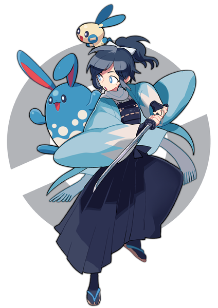 Anime picture 600x848 with pokemon touken ranbu nintendo nitroplus yamato no kami yasusada azumarill minun ppo-p long hair tall image open mouth blue eyes black hair simple background white background looking away full body ponytail traditional clothes japanese clothes