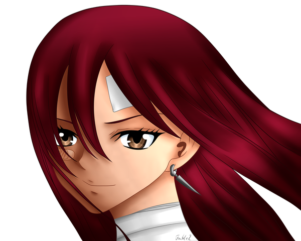 Anime picture 1280x1024 with fairy tail erza scarlet f4bl3-2 single long hair brown eyes red hair light smile coloring transparent background girl earrings