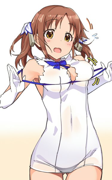 Anime picture 600x960 with idolmaster idolmaster cinderella girls totoki airi haruichi single tall image looking at viewer blush short hair open mouth light erotic brown hair white background twintails bare shoulders yellow eyes short twintails cosplay rei no himo hestia (danmachi) (cosplay)