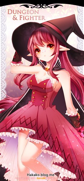 Anime picture 804x1725 with dungeon and fighter bettols single long hair tall image looking at viewer red eyes bare shoulders purple hair pointy ears girl dress hat witch hat