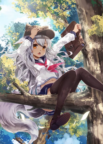 Anime picture 858x1200 with original wait (artist) single long hair tall image open mouth brown eyes animal ears white hair tail animal tail girl thighhighs skirt uniform black thighhighs plant (plants) tree (trees) serafuku school bag