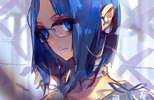 Anime picture 1100x714 with original panamaman single short hair blue eyes blue hair lips face girl ribbon (ribbons) glasses