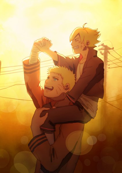 Anime picture 1107x1572 with naruto studio pierrot naruto (series) uzumaki naruto uzumaki boruto andref kanzaki tall image short hair open mouth blue eyes blonde hair smile ahoge eyes closed profile outstretched arm facial mark holding hands evening sunset