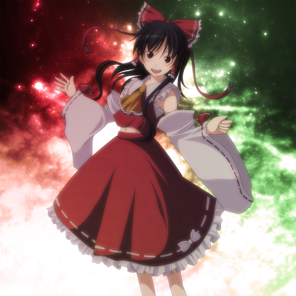 Anime picture 1500x1500 with touhou hakurei reimu s-syogo single long hair open mouth black hair brown eyes miko space girl skirt navel bow hair bow detached sleeves skirt set