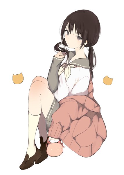 Anime picture 700x984 with original lpip single tall image looking at viewer fringe black hair simple background hair between eyes white background twintails bent knee (knees) long sleeves grey eyes partial nude girl skirt uniform socks serafuku