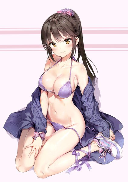 Anime picture 2759x3911 with original anmi single long hair tall image looking at viewer blush fringe highres breasts light erotic simple background brown hair large breasts sitting bare shoulders holding brown eyes payot cleavage