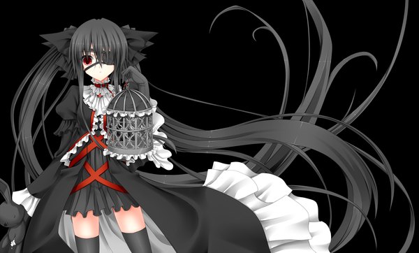 Anime picture 1920x1160 with original shouyan single highres black hair simple background red eyes wide image twintails very long hair black background girl thighhighs dress gloves bow black thighhighs hair bow elbow gloves toy