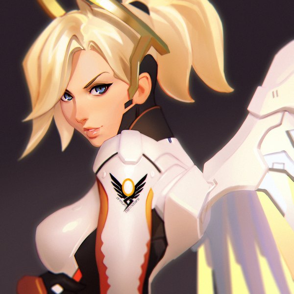 Anime picture 1080x1080 with overwatch blizzard entertainment mercy (overwatch) ilya kuvshinov single short hair blue eyes simple background blonde hair upper body ponytail parted lips looking back realistic lipstick black background pink lipstick mechanical wings girl wings
