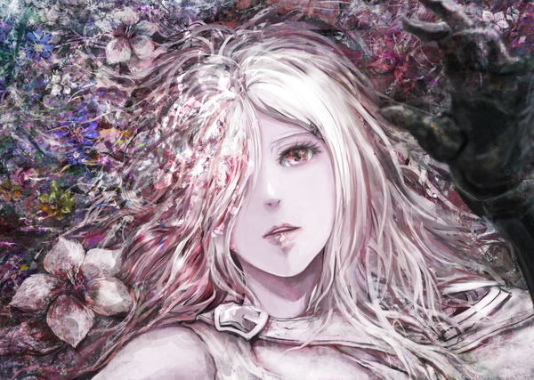 Anime picture 1445x1030 with drakengard zero (drag-on dragoon) yamamoto no ari single long hair looking at viewer fringe open mouth white hair lying pink eyes hair flower hair over one eye outstretched arm close-up girl gloves hair ornament flower (flowers) black gloves